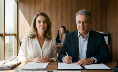 Casal assina documentos em escritório, contexto de divórcio em Brasília DF.