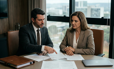 Advogado analisa documentos com cliente, contexto de divórcio litigioso e partilha.