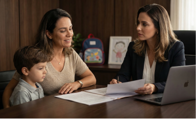 Advogada conversa com mãe e filho em mesa, contexto de guarda e divórcio.
