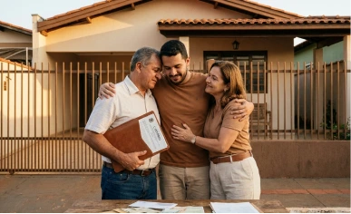 Família segura escritura diante de casa, contexto de usucapião extrajudicial em Brasília.
