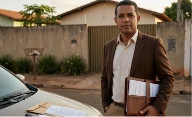 Homem com documentos em frente a imóvel, contexto de regularização de imóvel sem escritura.