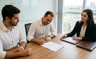 Advogada acompanha assinatura de documento, contexto de advogado empresarial em Brasília.