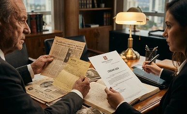 Advogada revisa documento societário com cliente, contexto de consultoria jurídica para PMEs.