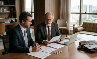 Dois homens analisam contrato em escritório, contexto de consultoria jurídica para PMEs.
