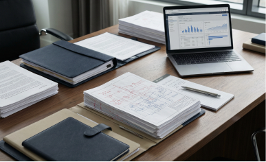 Notebook com gráfico e documentos em mesa, contexto de registro de marca no INPI.
