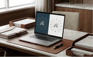 Notebook exibe estudos visuais de marca, contexto de proteção de marca no INPI.