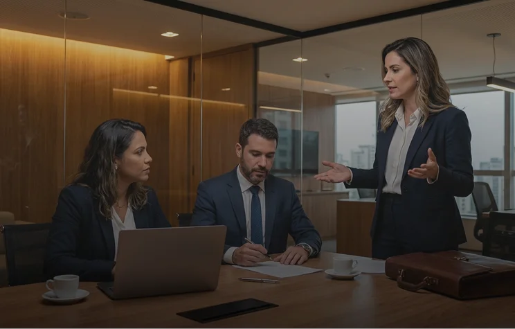 Advogada apresenta documentos a duas pessoas em reunião, contexto de consultoria empresarial para PMEs.