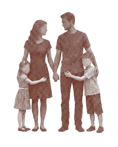 Ilustração de família de mãos dadas, contexto de Direito de Família e sucessões.