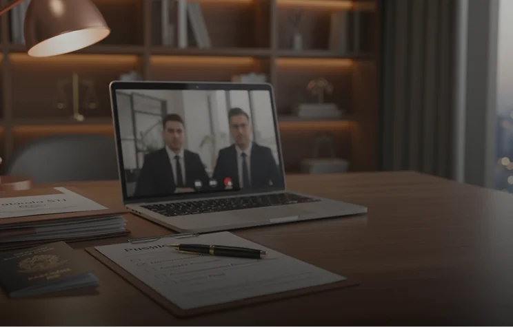Notebook com chamada de vídeo, passaporte e documentos para homologação de sentença estrangeira.