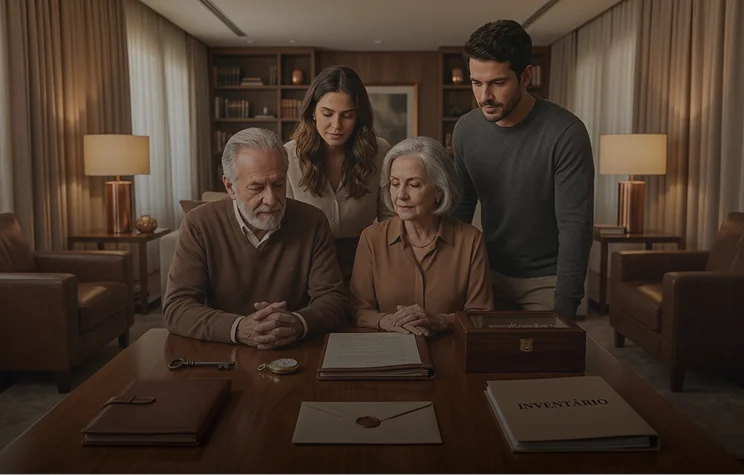 Família reunida diante de documentos e pasta de inventário, contexto de sucessões.