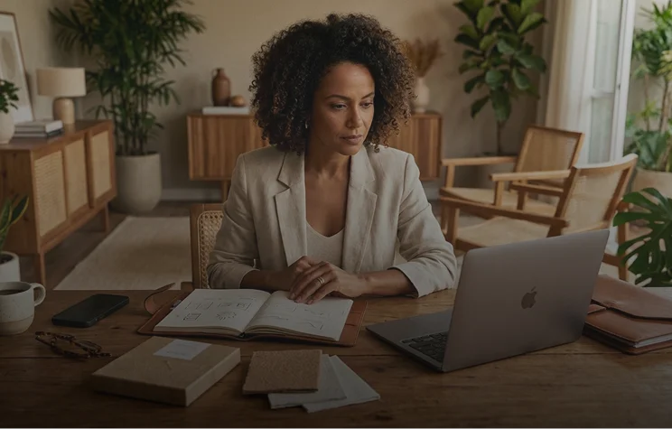 Profissional consulta notebook e anotações, contexto de registro de marca no INPI.