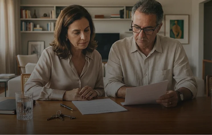 Casal lê documentos em mesa com chaves, contexto de união estável e proteção patrimonial.