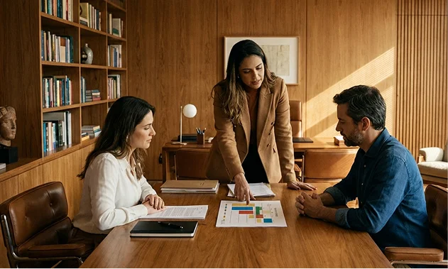 Reunião em escritório com três pessoas analisando gráfico, vídeo sobre acordos familiares.