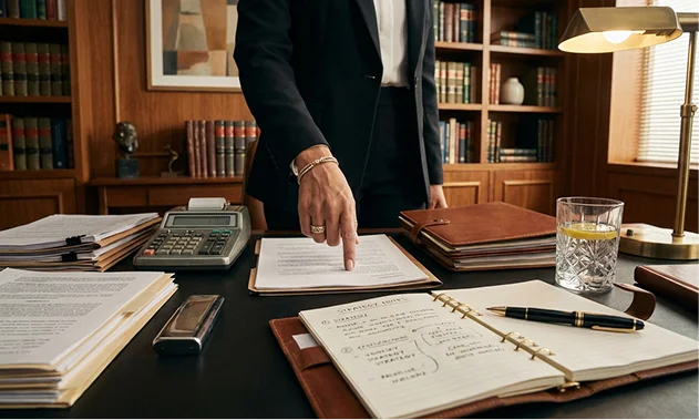 Pessoa aponta contrato em mesa jurídica, vídeo sobre homologação de sentença internacional.