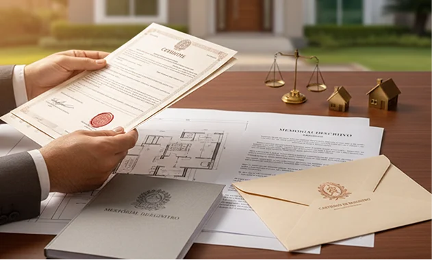 Mãos seguram certidão sobre planta e documentos, vídeo sobre imóvel sem escritura.