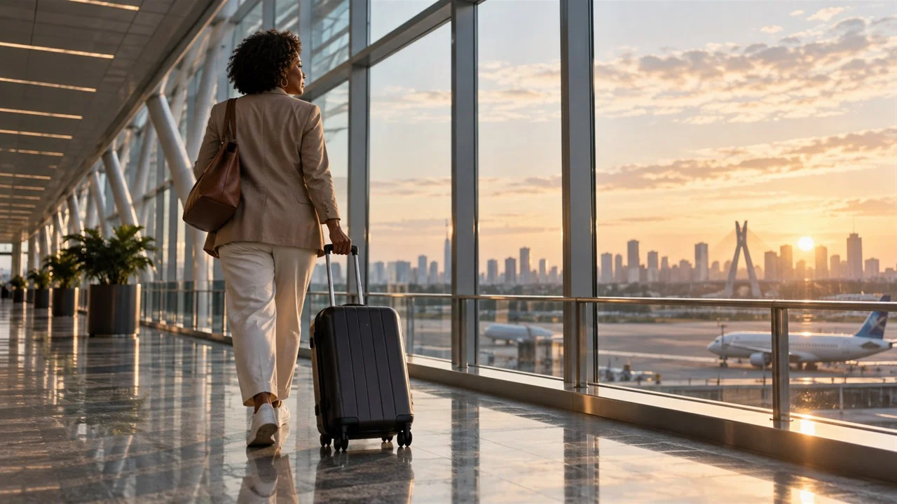 Brasileira caminha por aeroporto após viagem internacional