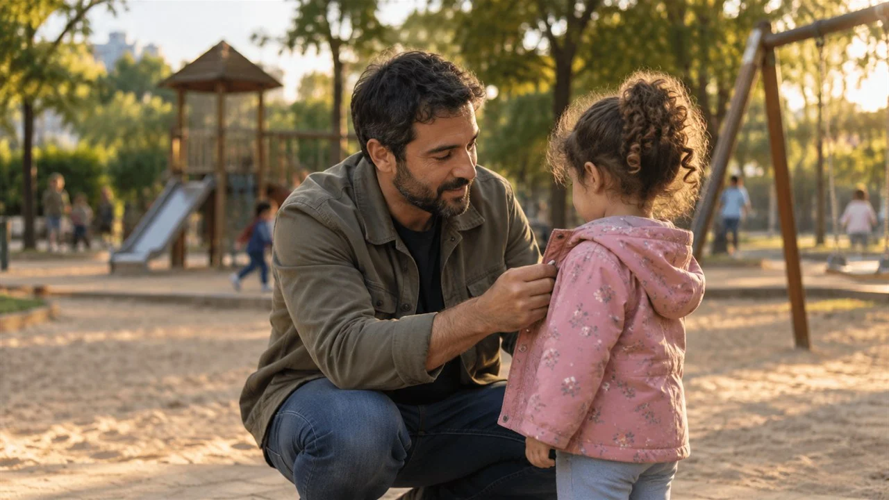 Pai ajuda filha a se preparar para brincar no parque