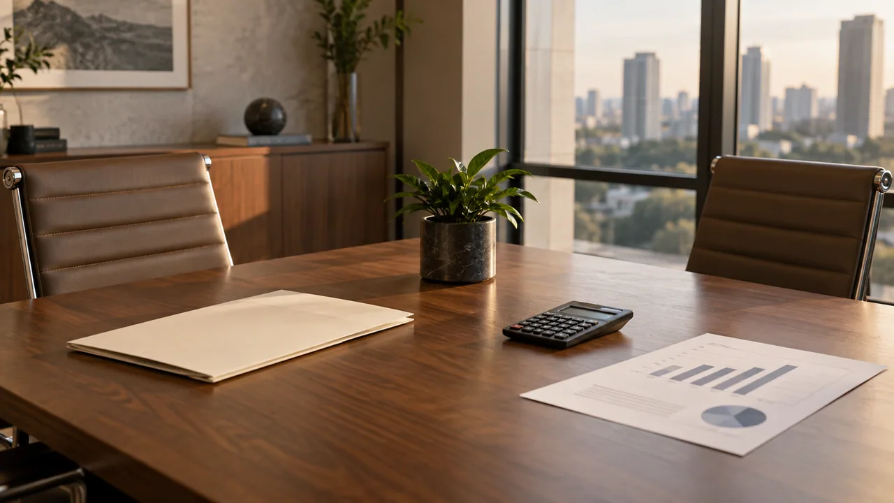 Sala empresarial com pastas e calculadora sobre uma mesa