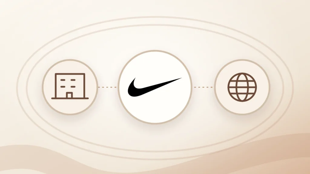 Logotipo Nike entre símbolos de empresa e endereço digital