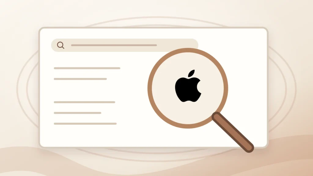 Lupa sobre logotipo Apple em interface abstrata de pesquisa