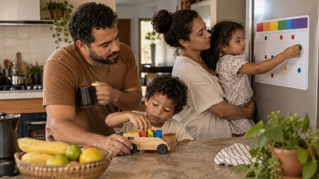 Família organiza atividades junto a um quadro colorido; fotografia ilustrativa