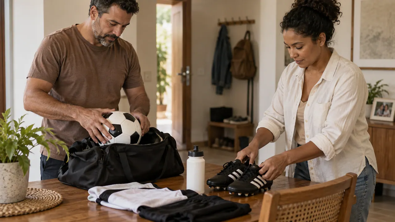 Adultos organizam materiais esportivos de uma criança; fotografia ilustrativa