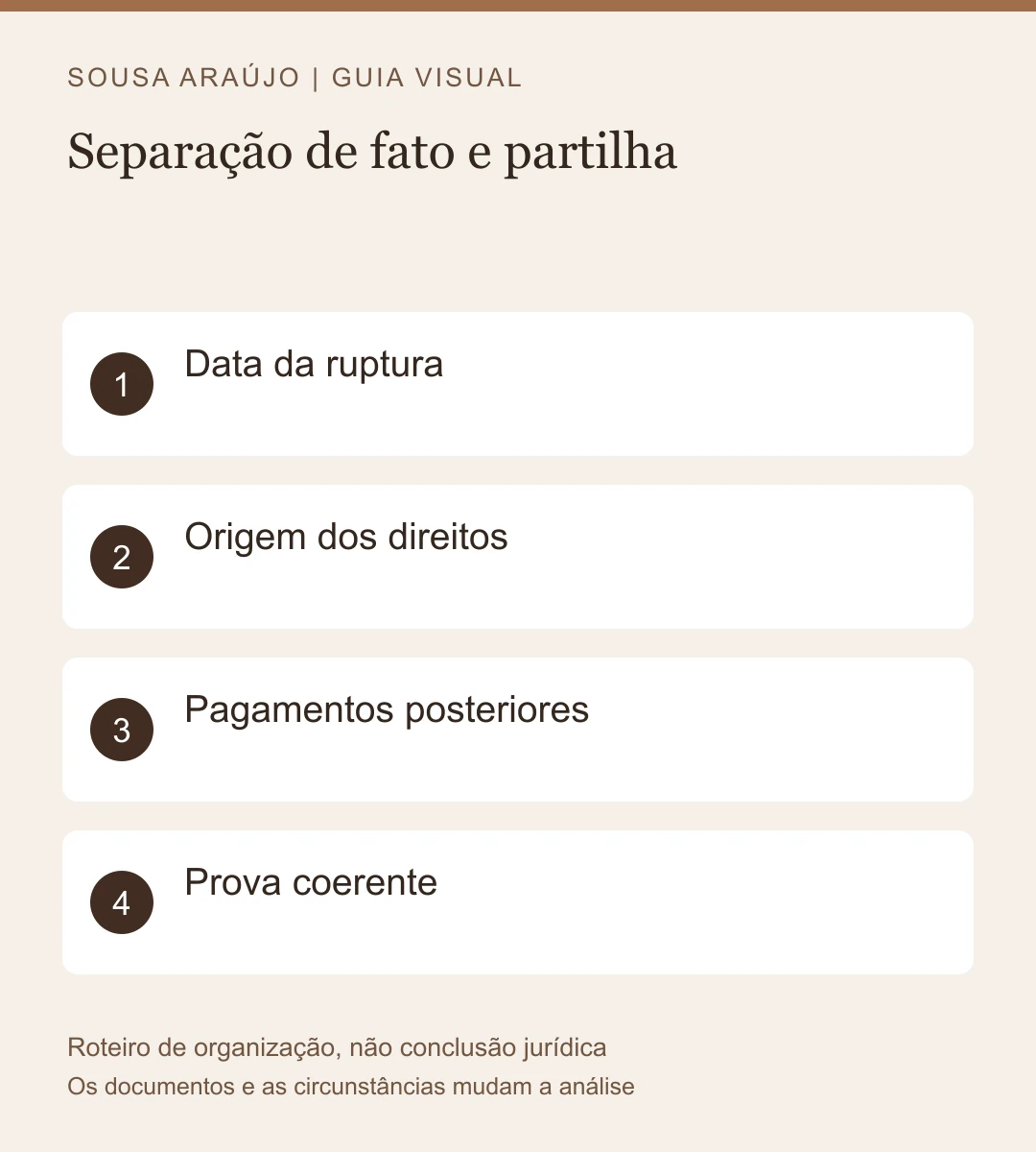 Roteiro visual: Data da ruptura; Origem dos direitos; Pagamentos posteriores; Prova coerente