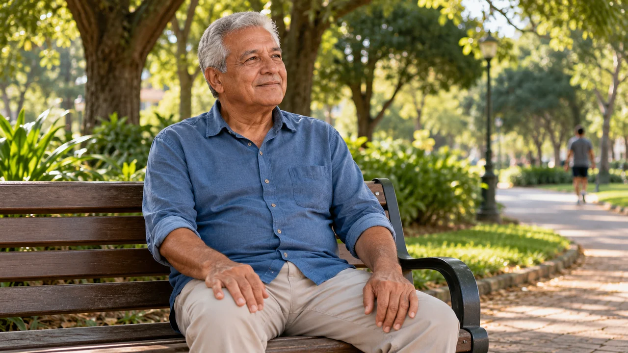 Homem mais velho sentado em um banco de parque