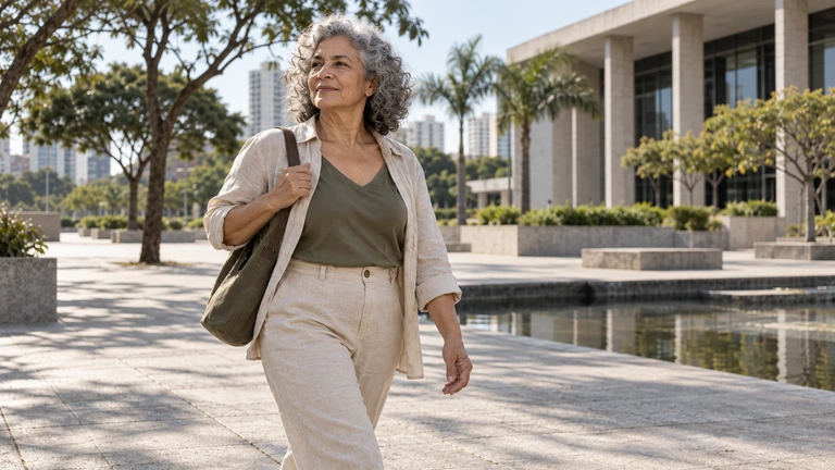 Mulher mais velha caminhando em uma praça arborizada