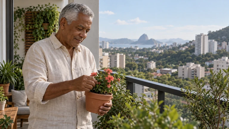 Homem mais velho cuidando de flores na varanda
