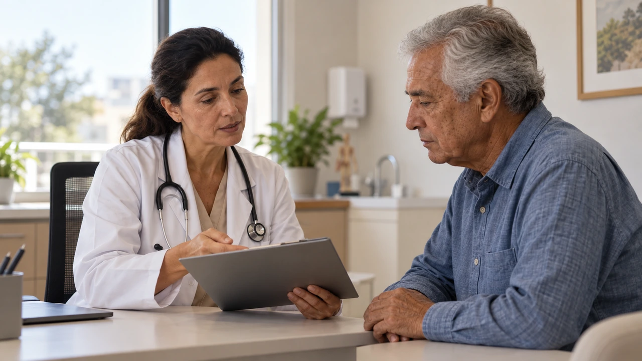 Profissional de saúde conversando com um homem mais velho em consultório