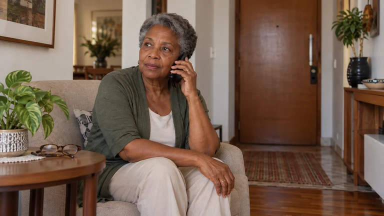 Mulher mais velha conversando ao telefone em casa