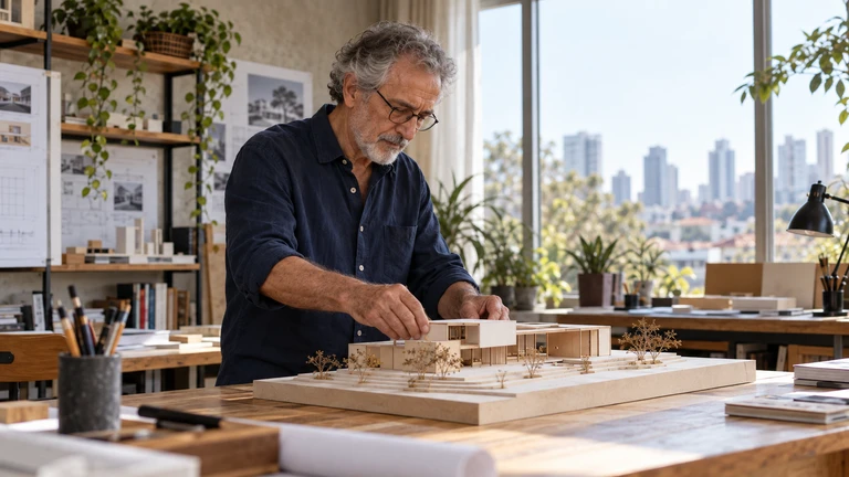 Homem mais velho trabalhando em uma maquete de arquitetura
