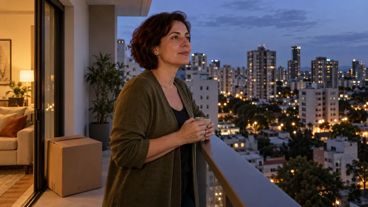 Mulher observa a cidade da varanda de um apartamento ao anoitecer; fotografia ilustrativa