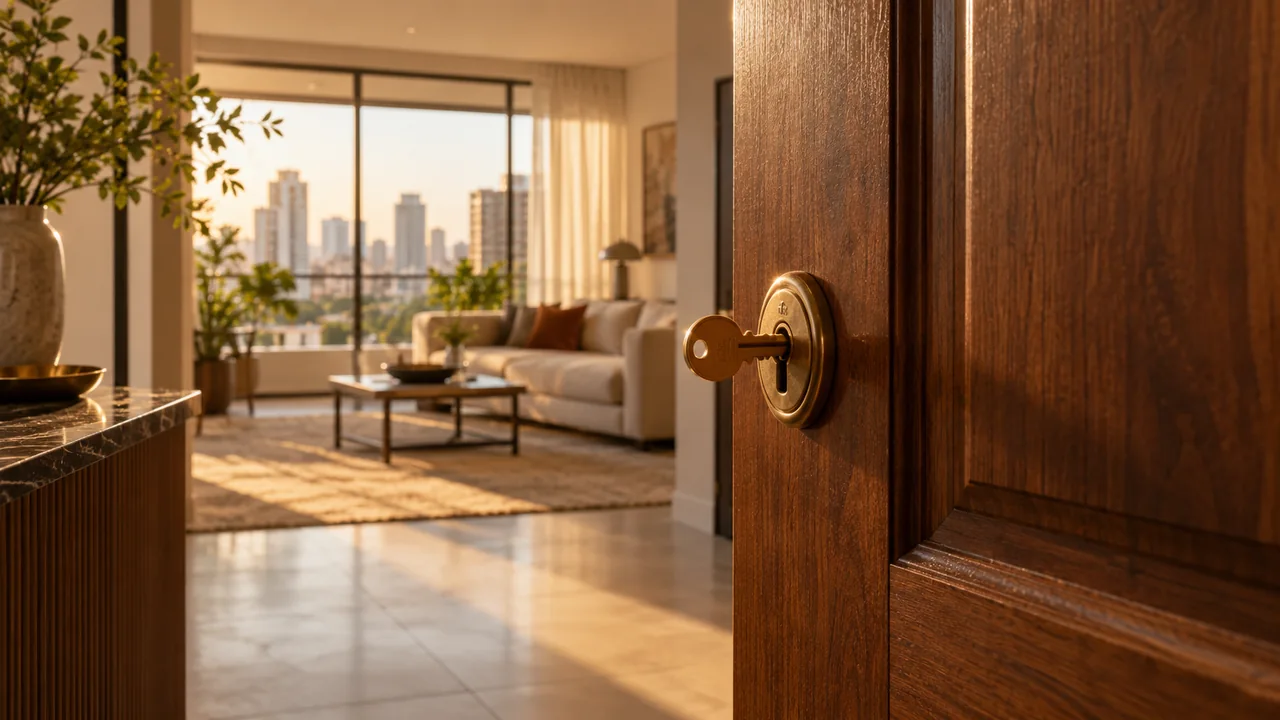 Chave na fechadura de uma porta aberta para um apartamento, em imagem ilustrativa sobre patrimônio imobiliário
